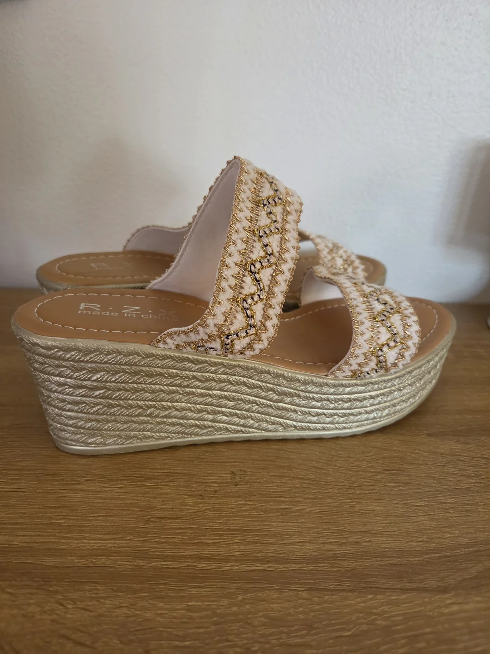Neutral Embellished Espadrille Wedge Slides